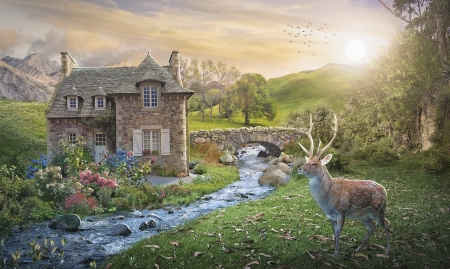 Peaceful place - house, annewipf, summer, fantasy, caprioara, animal, deer, green, luminos