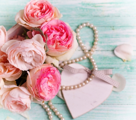 Happy Valentine's Day! - pearls, heart, jewel, valentine, spring, pink, blue, peony, card, flower