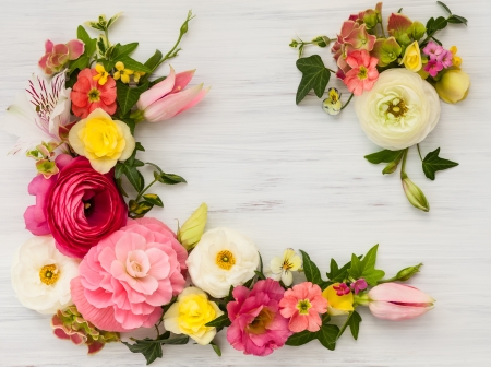 Happy spring! - white, frame, yellow, green, wood, spring, card, pink