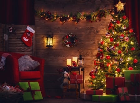 Merry Christmas! - craciun, red, room, green, tree, christmas, lights