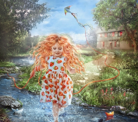 Summer time - strawberry, water, summer, dress, girl, orange, tatyanache, fantasy, redhead, kite, cute, little, splash, luminos