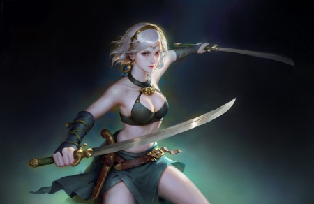 Sword fighter - sword fighter frumusete, fantasy, green, girl, wenfei ye, luminos