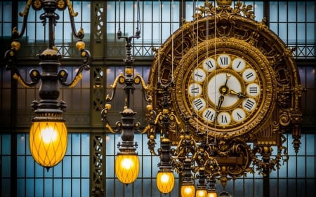 Clock and lights - yellow, light, blue, clock, watch, texture