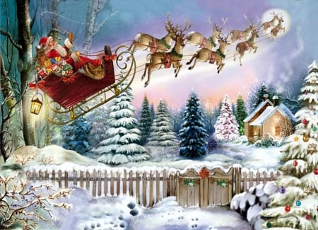 Santa's Sleighride - sleigh, trees, winter, artwork, snow, fence, painting, reindeers, cottage