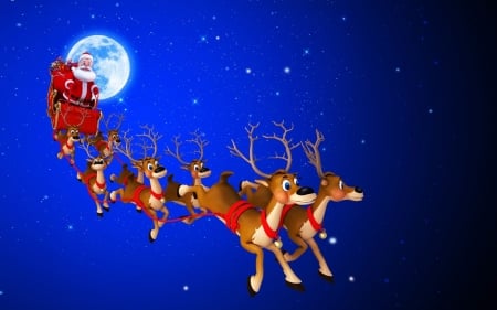 Santa Claus - moon, craciun, night, fantasy, christmas, santa, reindeer, blue, luna