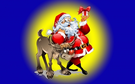 Ho, ho, ho! Merry Christmas! - moon, yellow, blue, christmas, santa, fantasy, craciun, red, cute, reindeer, luna