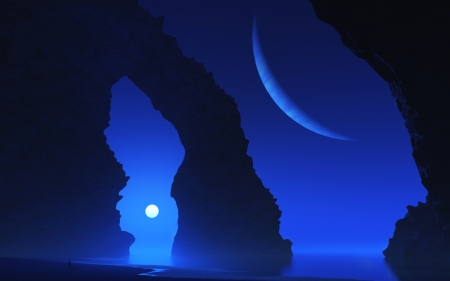 Moons - moon, summer, blue, planet, sea, silhouette, black, fantasy, white, luminos, luna