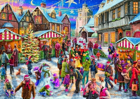 Wrapped Up For Christmas - singers, mulled wine, church, tree, snowman, chestnut, presents, moon, snow, christmas, decorations, market