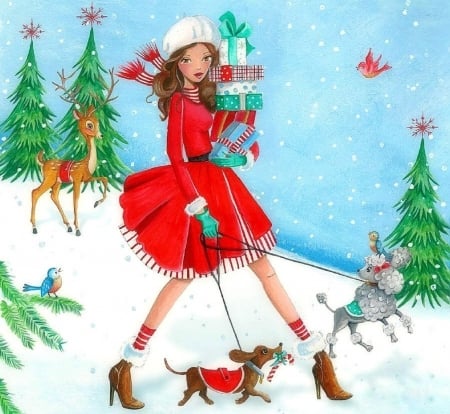 Christmas Shopping - Christmas Tree, birds, winter, gifts, snow, shopping, girl, weird things people wear, puppies, holidays, xmas and new year, deer, Christmas, love four seasons, draw and paint