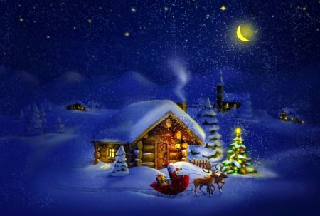 Christmas night - cottage, santa, evening, sleigh, holiday, tree, house, stars, snowfall, winter, wooden, night, snowflakes, christmas, village, snow, beautiful, frost, reindeers, eve, lights