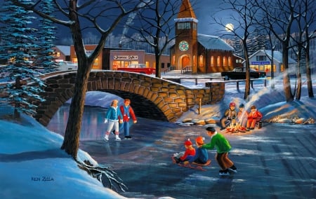 Skater's moon - fun, evening, snow, children, joy, frost, houses, moon, kids, winter, village, river, ice, frozen, skater, peaceful, bridge