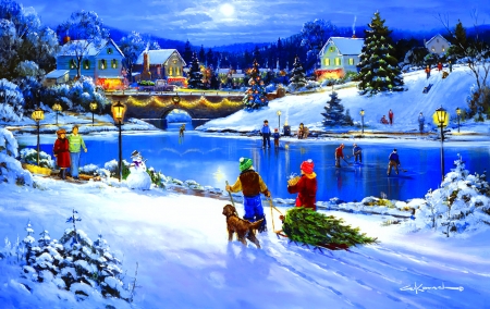 Joyful season - fun, season, joy, peaceful, art, joyful, evening, children, pretty, bridge, moon, ice, houses, lake, skaters, winter, kids, christmas, village, snow, frost