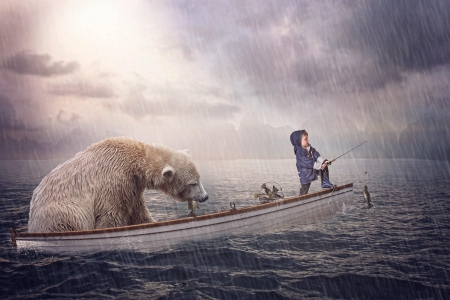 Be brave - tara lasher, water, polar bear, child, copil, fantasy, creative, boy, fish, animal, sea