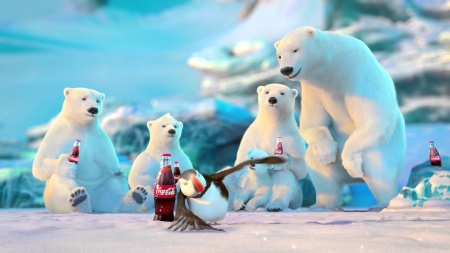 :) - winter, cub, blue, commercial, creative, coca cola, fantasy, white, funny, polar bear, add