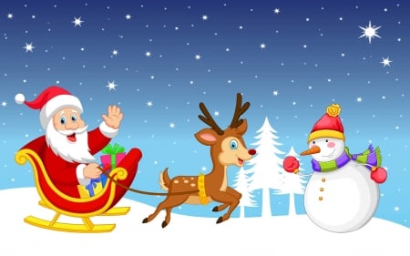 Merry Christmas! - christmas, santa, fantasy, snowman, craciun, blue, red, reindeer