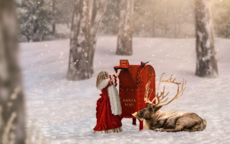 Christmas wishes - winter, letter, girl, creative, copil, child, horns, christmas, fantasy, white, craciun, red, kimberly scott, reindeer