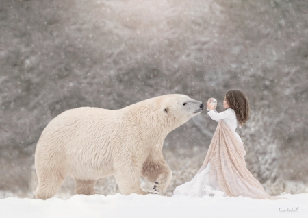 Little friends - girl, iarna, winter, polar bear, child, copil, white, snow, little