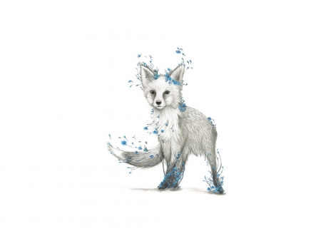 White fox - vulpe, fantasy, white, blue, fox, flower