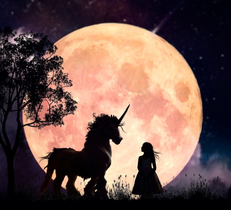 Moonlight - moon, silhouette, girl, tara lasher, luna, black, fantasy, unicorn