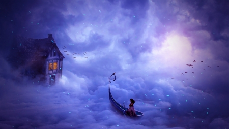 Fantasy - moon, sky, girl, summer, fantasy, cloud, pink, blue, luminos, house, luna, boat