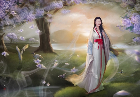 Princess - sakura, hiliuyun, spring, fan bingbing, tree, fantasy, art, asian, luminos