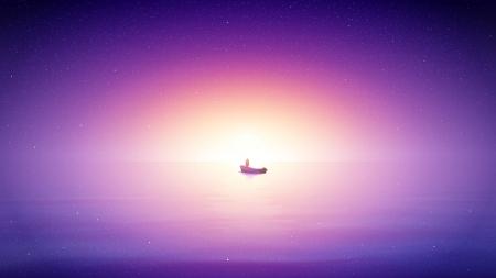 Solitude - fantasy, summer, blue, boat, sea, sunrise, pink, luminos