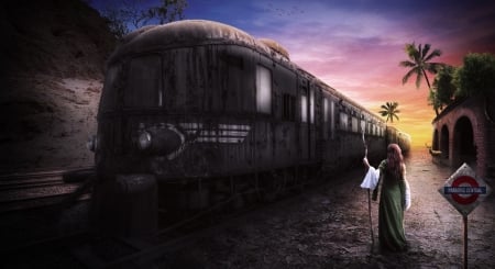 The last train - train, fantasy, girl, creative, dark