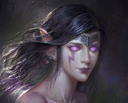 Morgana - amethyst, eyes, lin jin, pink, morgana, elf, vampire, black, fantasy, purple, art, luminos