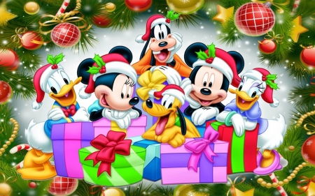 Merry Christmas! - goofy, minnie, donald duck, daisy, pink, christmas, mickey mouse, colorful, craciun, red, green, gift, pluto, card, disney