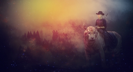 Tiger rider - creative, fantasy, tiger, hat, girl, tigru