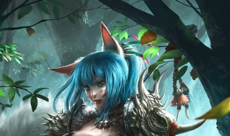 The forest hunter - forest hunter, girl, fox, blue, fantasy, ears, zeen chin mi, luminos, green