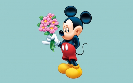 Mickey Mouse - mickey mouse, blue, valentine, disney, card, flower, pink