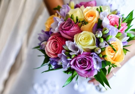 Bouquet of flowers - freesia, colorful, bride, bouquet, rose, flower