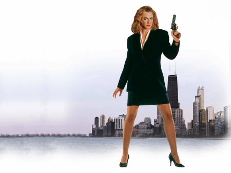 Kathleen Turner - actress, 2017, revolver, wallpaper, heels, legs, turner, model, kathleen turner, pistol, suit, beautiful, kathleen