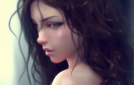 Fantasy Art - women, face, curly hair, fantasy art, butterfly, artwork, long hair