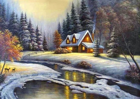 Magic winter - colorful, winter, beautiful, creek, forest, cottage