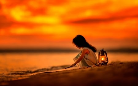 Early Morning - beach, sunset, girl, lantern