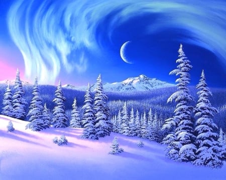 Land of Dancing Skies - blue and white, love four seasons, winter, xmas and new year, attractions in dreams, holidays, white trees, sky, forests, landscapes, nature, snow