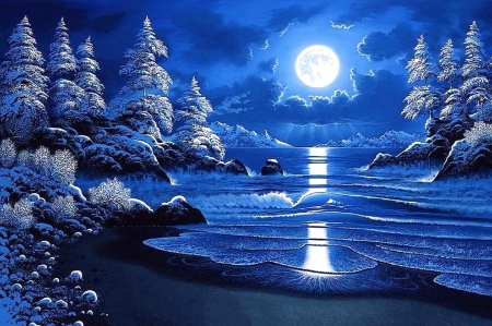 Moonlight Tahoe - blue and white, winter, attractions in dreams, paintings, snow, sea, holidays, xmas and new year, moons, nature, white trees, love four seasons