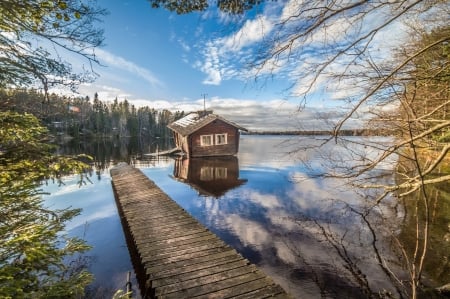 House on the Lake - nature, lake, trees, forest, clouds, house, bridge