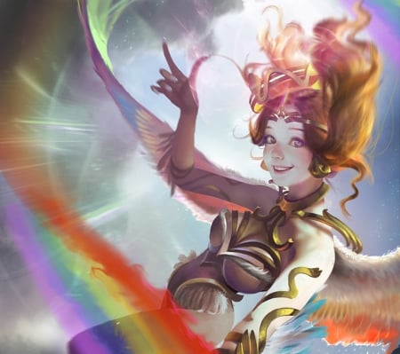 Rainbow painter - fantasy, xi zhang, wings, rainbow painter, girl, cute, angel, luminos