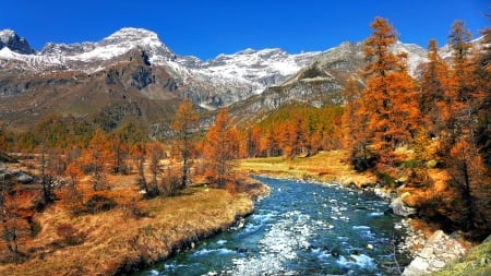 Autumn River - nature, autumn, trees, mountain, snow, river