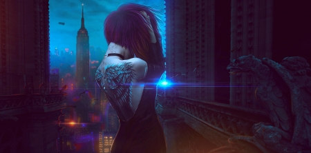 Ghost in the shell - tattoo, blue, girl, city, ghost in the shell, darkcrea, dark, fantasy, luminos