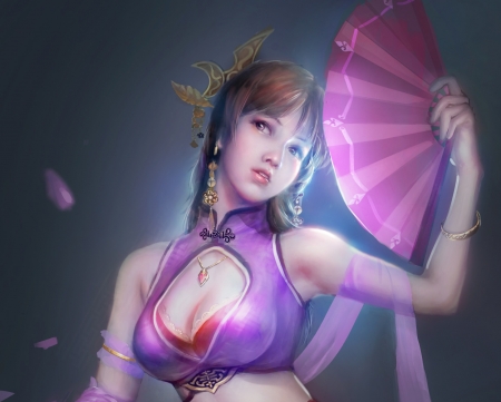 Girl with hand fan - hand fan, girl, fan, pink, fantasy, hand, indoors game loooser, art, asian, luminos