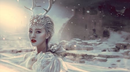 The last one of the North - the last one, winter, girl, frumusete, white, fantasy, north, luminos, darkcrea, horns