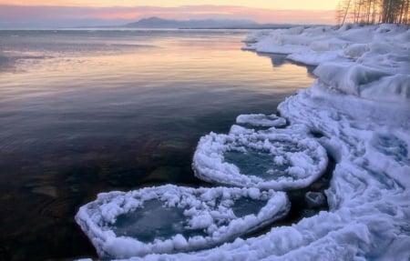 Winter sunset - nature, sunset, sea, snow