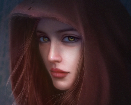 Sorceress - redhead, hood, mage, fantasy, face, sorceress, art, luminos, linda wong, red