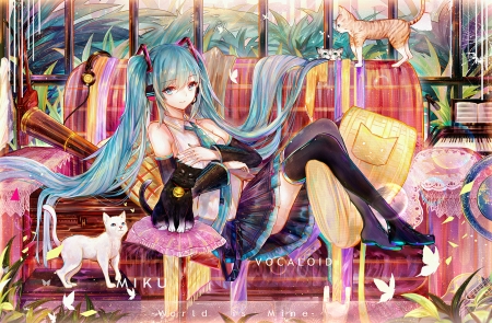 Hatsune Miku with kittens - anime, sofa, blue, girl, hatsune miku, pink, cat, bai qi qsr, manga, pisica, kitten