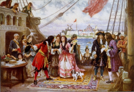 Captain Kidd in New York Harbour - new york, fan, harbour, people, hand fan, painting, art, red, pictura, jean leon gerome ferris