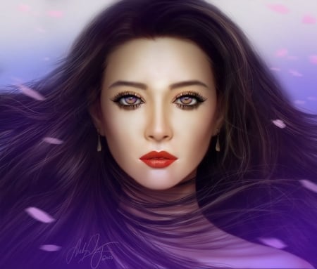 Yukina - face, purple, portrait, pink, girl, frumusete, art, fantasy, yukina, asian, luminos, linda wong